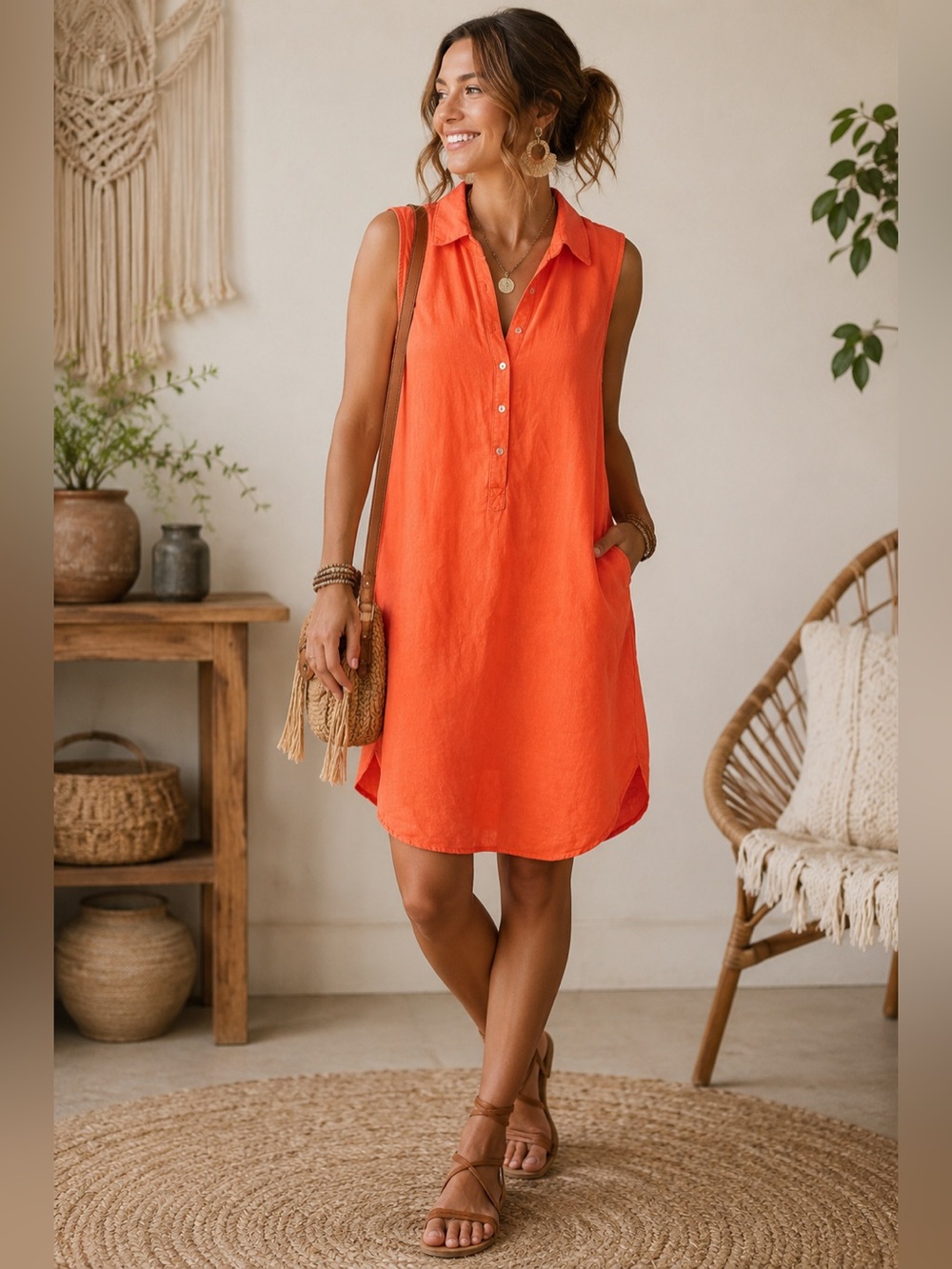 Sleeveless Collared Swim Cover-Up Dress in Orange size 10 58% linen - Picture 13 of 13